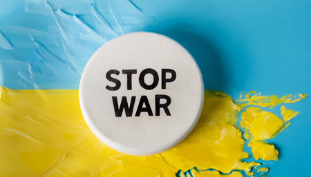 Stop war in Ukraine poster with flag. Support and protection Ukrainian people.の素材