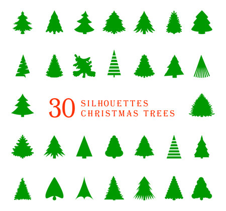 30 silhouettes of Christmas trees. vector illustrationのイラスト素材