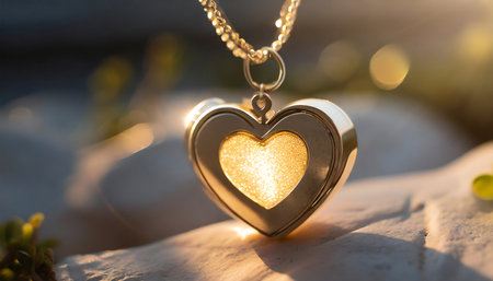 Glowing shiny gold heart keychain for romantic valentine day or wedding date ceremony. Blur horizontal image with copy space.の素材
