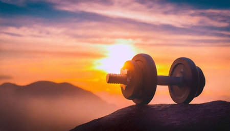 Dumbbell silhouette in sport concept for fitness and gym. Motivation poster exercise, training.の素材