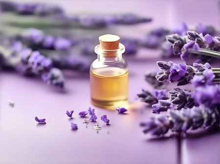 Purple lavender bouquet. Horizontal image with herbal for spa or medicine and copy space.の素材