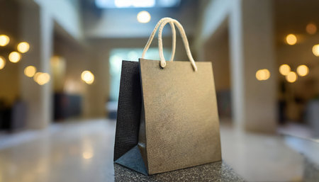 Mockup of paper bag, shop package. Marketing product cardboard packaging, blank for brand.の素材