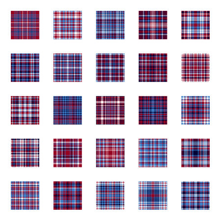Vector plaid texture. Set geometric seamless pattern. Blue, red, white color flat background.のイラスト素材