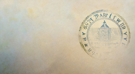 Official passport visas stamps on sepia textured, vintage travel background. Immigration officer control worldwide concept.の素材
