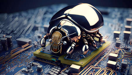 Beetle attacks and destroys electronics. Concept of computer virus, bug and malicious software code.の素材