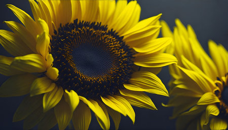 Gold sunflower on horizontal blur background with copy space.の素材