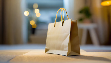 Mockup of paper bag, shop package. Marketing product cardboard packaging, blank for brand.の素材