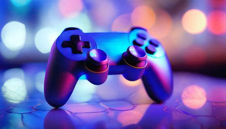 Playing game by joystick with computer, gaming challenge online, tournament concept. Player with console controller in cyberpunk style.の素材