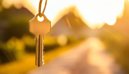 Soft focus on close up key for new home on blurred background. Client customer buyer renter after making successful deal concept.の素材