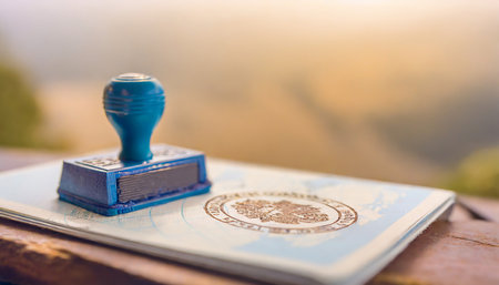 Official passport visas stamps on sepia textured, vintage travel background. Immigration officer control worldwide concept.の素材