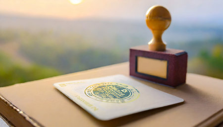 Official passport visas stamps on sepia textured, vintage travel background. Immigration officer control worldwide concept.の素材