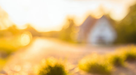 Blurred horizontal image with seasonal sunshine. Softness blurry background for presentation product, luxury relax, romantic.の素材