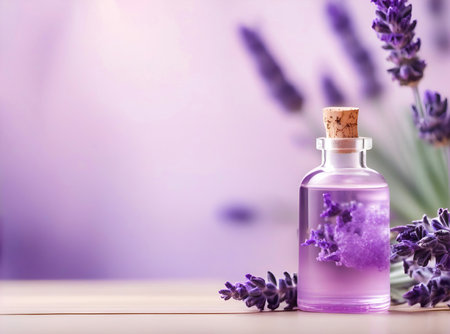 Purple lavender bouquet. Horizontal image with herbal for spa or medicine and copy space.の素材