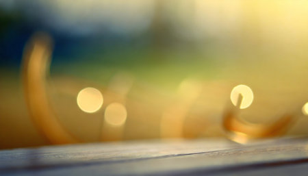 Empty wooden deck table over blurred nature background. Smooth blur stage for trendy product presentation.の素材