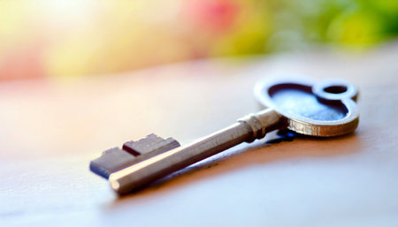 Soft focus on close up key for new home on blurred background. Client customer buyer renter after making successful deal concept.の素材