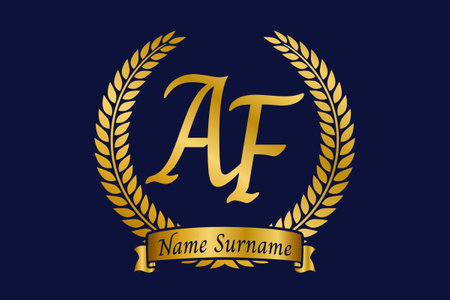 Initial letter A and F, AF monogram logo design with laurel wreath. Luxury golden emblem with calligraphy font.のイラスト素材