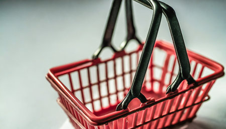 Miniature supermarket basket. Shopping, sale concept. Creative minimalist retail layout.の素材