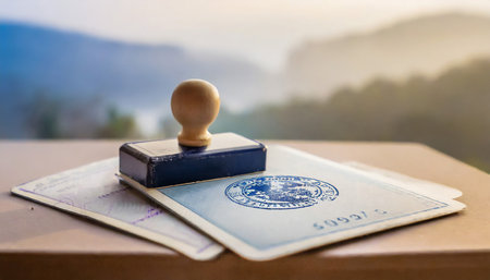 Official passport visas stamps on sepia textured, vintage travel background. Immigration officer control worldwide concept.の素材