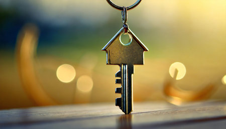 Soft focus on close up key for new home on blurred background. Client customer buyer renter after making successful deal concept.の素材