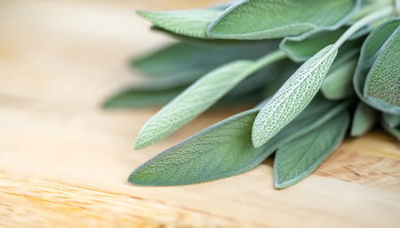 Sage leaf medicine herbal ingredient. Close up health aromatherapy herb.の素材