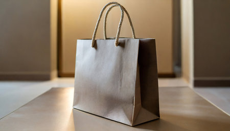 Mockup of paper bag, shop package. Marketing product cardboard packaging, blank for brand.の素材