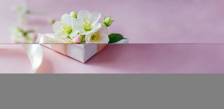 Cardboard gift box decorated with ribbon and flowers. Romantic present for love date. Design element for wedding invitation and print card.の素材