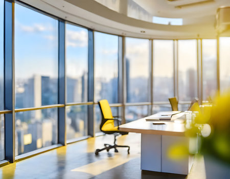 Blurred empty open space room. Abstract light bokeh at office interior background for design. Modern coworking.の素材
