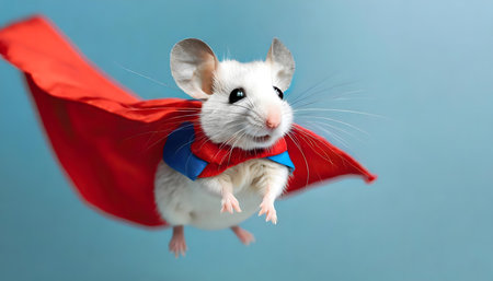 A mouse is wearing a vibrant red cape as it soars through the air. The small creature appears to be flying gracefully and confidently.の素材