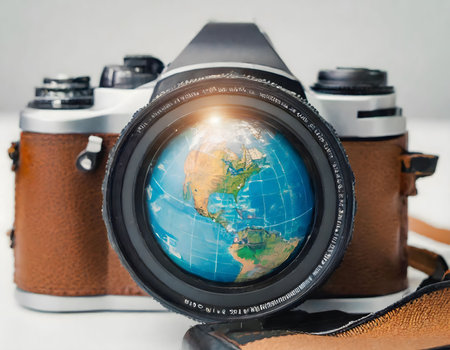 Old camera next to a world globe. Symbol of classic travel and vacation to different countries.の素材