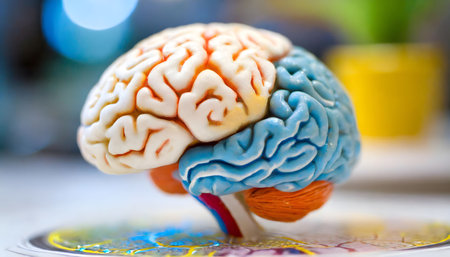 This close-up shot showcases a detailed model of a human brain, highlighting its intricate structure and complex network of neurons. The model provides a clear view of the different regions and lobes of the brain, offering a glimpse into the inner workings of this vital organ.の素材