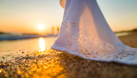A mesmerizing close-up of a flowing wedding dress gently blowing in the ocean breeze on a sandy beach, capturing the ethereal beauty and romance of a beach wedding.の素材