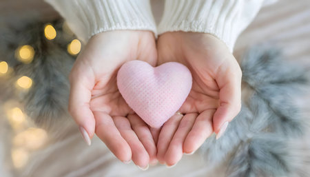 A person gently cradles a delicate pink heart in their hands, their expression tender and loving. The heart symbolizes affection and care, while the person embodies warmth and compassion.の素材