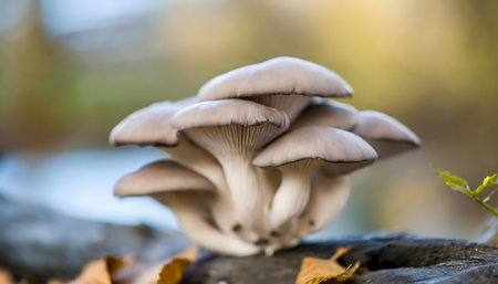 A cluster of various mushrooms, including button mushrooms and oyster mushrooms, are clustered together on a large rock. The mushrooms are different sizes and colors, with some displaying gills underneath. The rock beneath them is rough and textured, providing a stark contrast to the soft shapes of the mushrooms.の素材