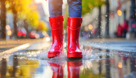 A person wearing red rain boots is standing in a puddle of water. The individual feet are partially submerged as they stand in the shallow water, creating ripples around them.の素材