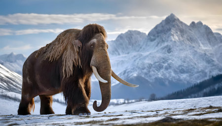 A massive wooly mammoth is gracefully walking through a blanket of snow, leaving behind large footprints as it explores its wintry surroundings. The thick fur of the mammoth provides warmth against the cold, while its tusks stand out against the white landscape.の素材