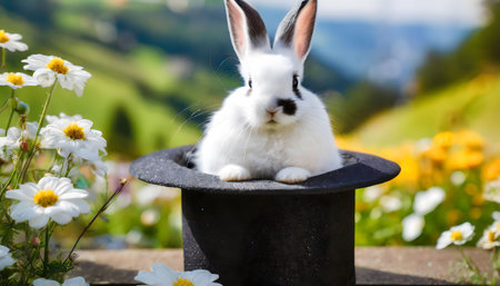 A fluffy white rabbit sits gracefully on top of a sleek black hat, creating an enchanting and surreal scene. The contrast between the rabbits soft fur and the hats dark fabric adds to the magical atmosphere.の素材