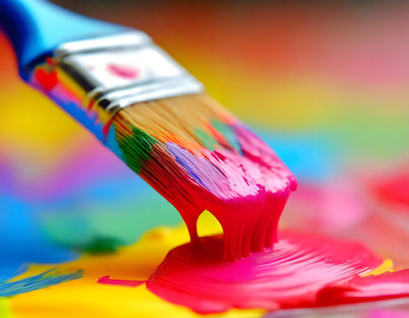A close-up view of a paintbrush with bristles soaked in vivid paint, set against a background filled with a variety of bright colors. The paintbrushes fine details and the dynamic combination of hues in the background create a visually striking composition.の素材