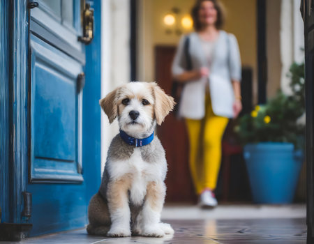 Cute smart domestic dog waiting owner. Deep sad look of pet.の素材