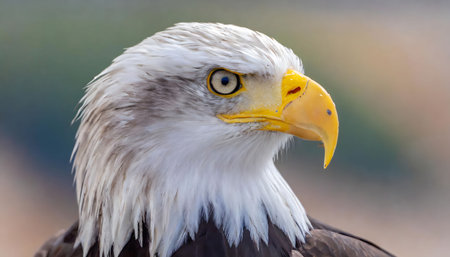 A detailed view of a majestic bald eagle, showcasing its features up close, set against a blurred background.の素材