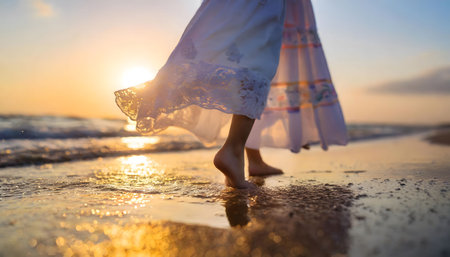 A woman with long flowing hair walks gracefully along the sandy beach, her figure outlined by the setting sun. The sky is painted in hues of orange and purple as waves gently kiss the shore.の素材
