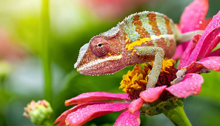 A chameleon with its unique coloration sits atop a pink flower, blending in with its surroundings. The reptiles long tongue is ready to catch any passing prey.の素材