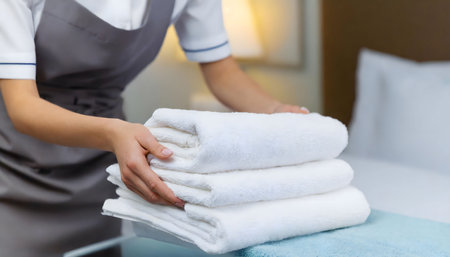 A woman wearing an apron meticulously stacks towels on top of a neatly made bed, carefully arranging each one in a precise and orderly manner. The soft color palette of the lines creates a soothing and inviting atmosphere in the room.の素材