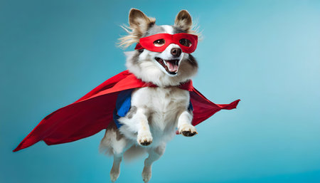 A canine dressed up in a vibrant red cape and matching mask, showcasing a unique and playful outfit. The dog looks adorable and mischievous in its superhero-like atmosphere.の素材