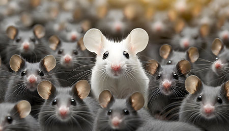 A grand scene unfolds as a large group of mice surrounds a single majestic mouse in the middle. The central mouse appears to be the leader, standing out amongst the crowd with its poised stance.の素材