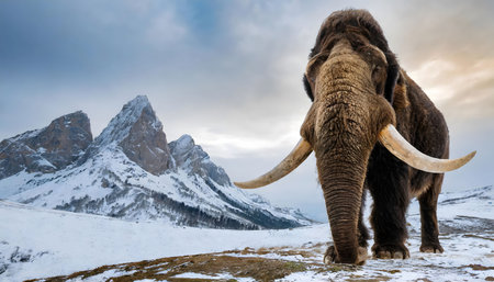An enormous elephant stands proudly on top of a mountain covered in a blanket of pristine, white snow. The majestic creature gazes out into the vast, winter landscape, showing its strength and resilience in the harsh environment.の素材