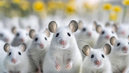 A group of delicate, white mice are sitting closely together, their small pink noses twitching curiously as they survey their surroundings. Their whiskers quiver in unison as they sit in perfect stillness, their tiny paws neatly tucked underneath their bodies.の素材