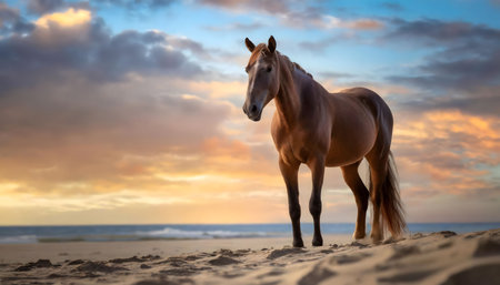A magnificent horse stands proudly on top of a sandy beach, the wind ruffling its mane as it gazes out over the horizon.の素材