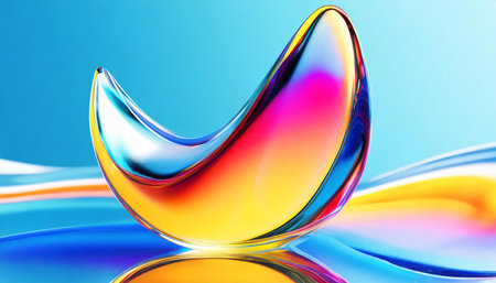 Abstract liquid glass shape with colorful reflections. Ribbon of curved water with glossy color wavy fluid motion. Chromatic dispersion thin film spectral effect.の素材