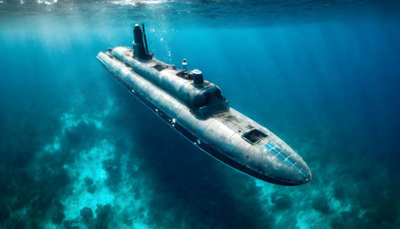 A submarine floats silently in the vast expanse of the ocean, its metallic structure contrasting with the deep blue water surrounding it.の素材