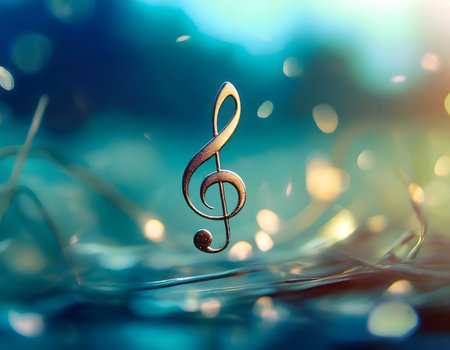 A single musical note gently floats on the calm surface of the water, creating ripples as it bobs along. The note appears weightless, defying gravity as it stays afloat effortlessly.の素材